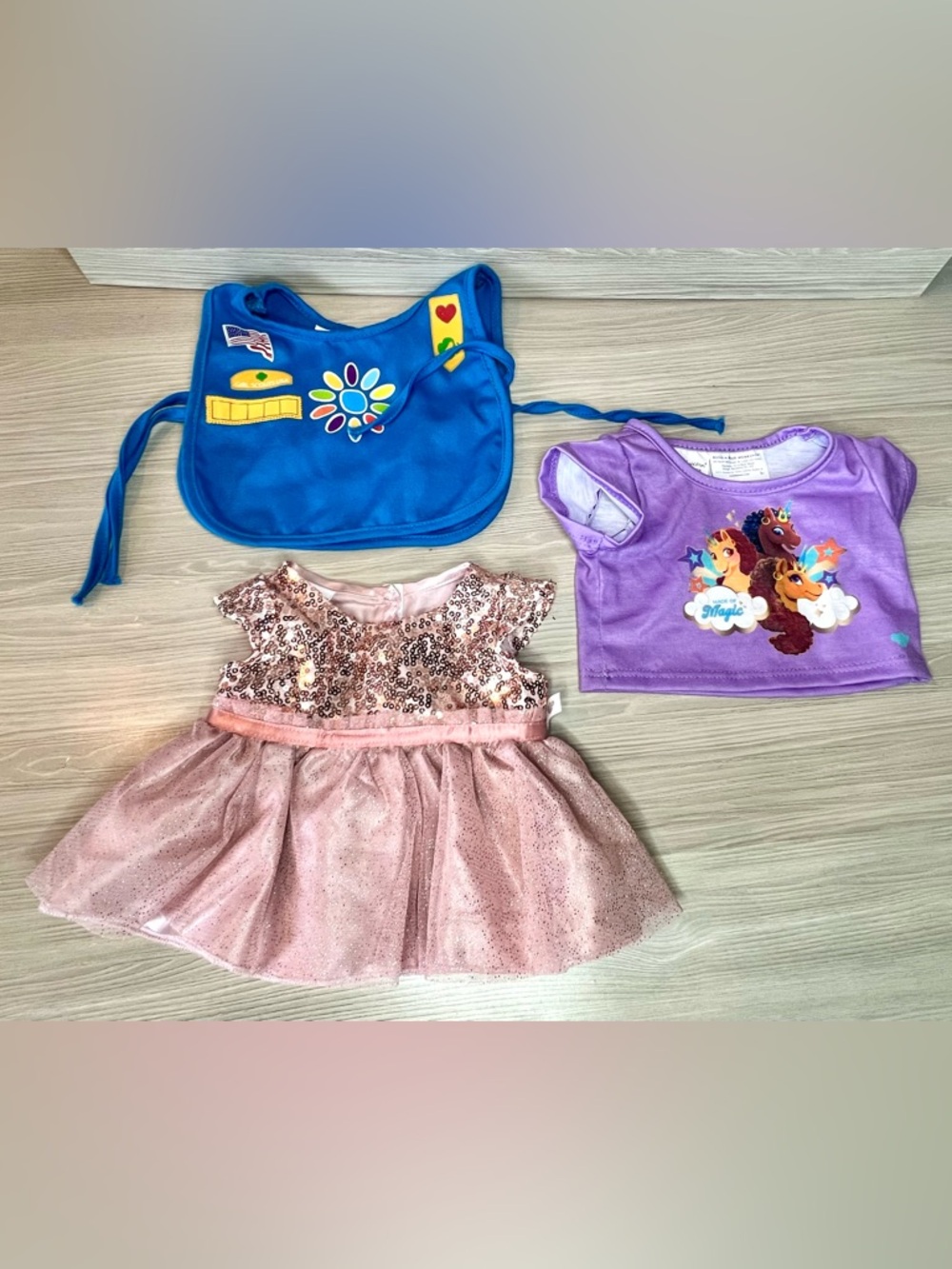 Build-A-Bear Accessories: Daisy Scout Vest, Unicorn Tee & Rose Gold Sequin Dress